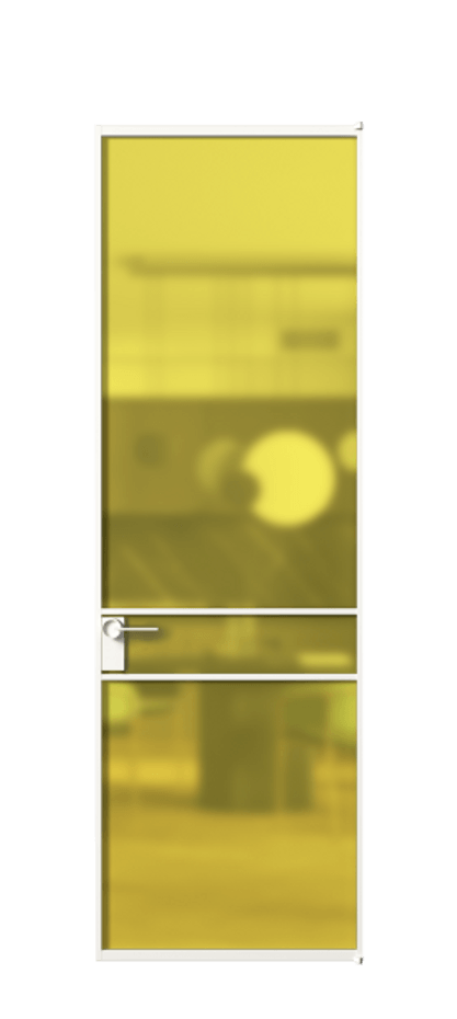 Алюминиевая дверь АЛПЛ040.02 Алюминий Белый Сатинированное жёлтое стекло, триплекс Цена 152870  | Volhovec