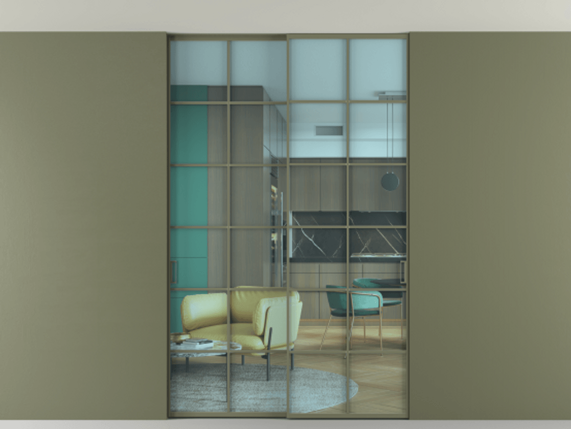 Перегородка Formato внутри проёма скрытое крепление в потолок 2 створки АЛПР 040.05 Алюминий оливковый тёмный Прозрачное голубое стекло, триплекс Цена 297220 ₽ | Volhovec