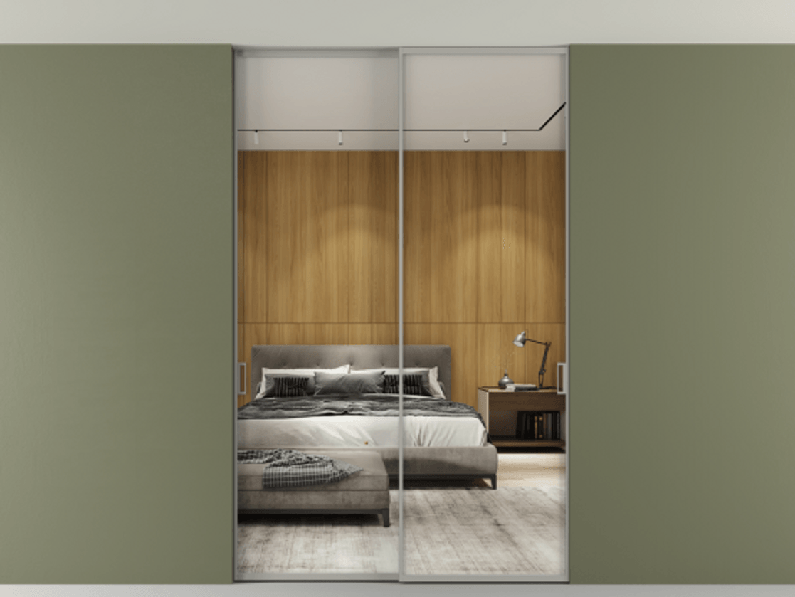 Перегородка Formato внутри проёма двустворчатая со скрытым креплением в потолок АЛПР 040.01 Алюминий нейтральный серый Двустороннее зеркало, триплекс 6 мм, триплекс 6 мм Цена 287800 ₽ | Volhovec