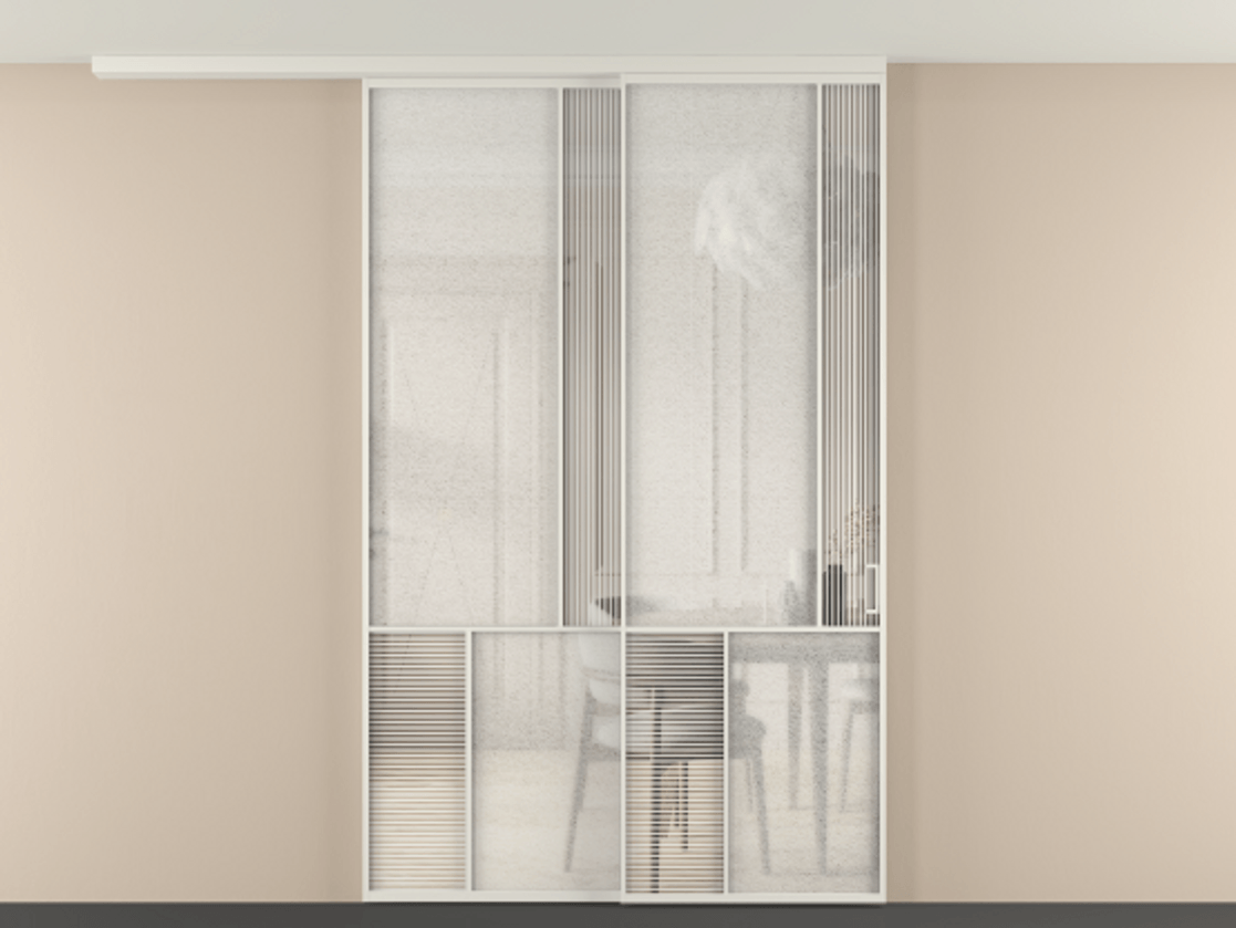 Перегородка Mosaic вдоль стены на потолок 2 створки с синхронным механизмом АЛПР 041.21 Алюминий Белый Рифлёное стекло "Дюна", триплекс, 6 мм + Фактурное стекло "Лёд", триплекс. Скрытый короб БЕЛ Цена 380070 ₽ . Фабрика дверей Волховец 8 (800) 551 43 19 Перегородка Mosaic вдоль стены на потолок 2 створки с синхронным механизмом АЛПР 041.21 Алюминий Белый Рифлёное стекло "Дюна", триплекс, 6 мм + Фактурное стекло "Лёд", триплекс Цена 380070 ₽ | Volhovec