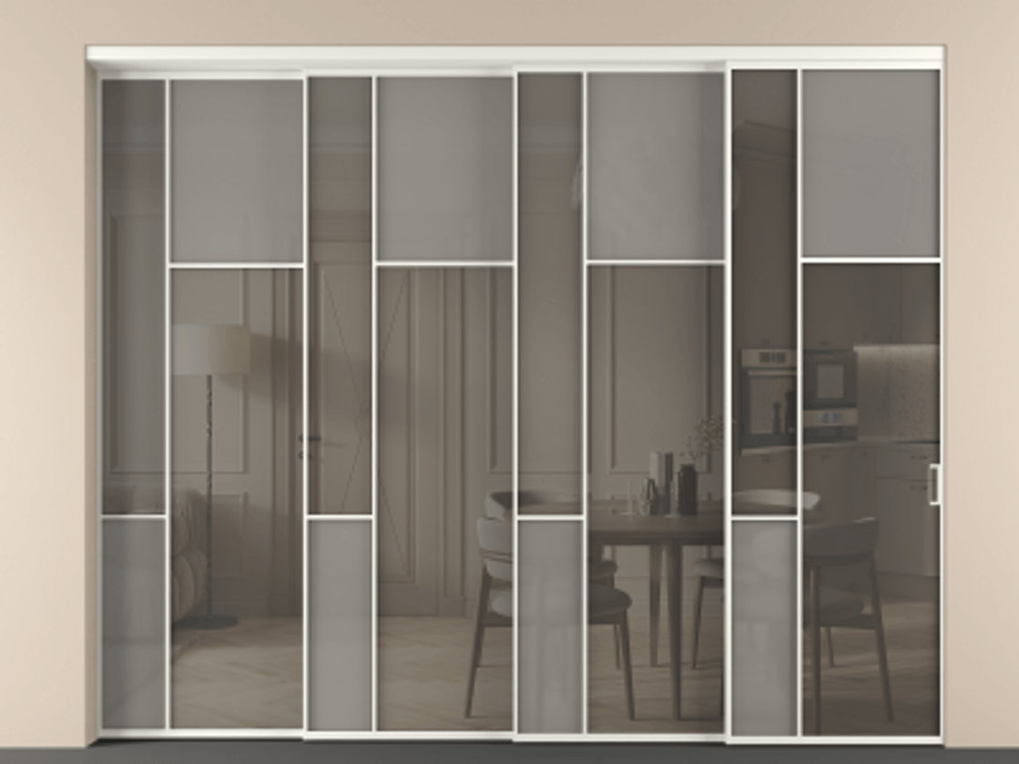 Перегородка Мозаик внутри проёма 4 створки с синхронным механизмом АЛПР 041.11 Алюминий тёплый серый Сатинированное серое стекло, триплекс, 6 мм + Прозрачное серое стекло, триплекс. Цена 646270 ₽ . Фабрика дверей Волховец 8 (800) 551 43 19 Перегородка Мозаик внутри проёма 4 створки с синхронным механизмом АЛПР 041.11 Алюминий тёплый серый Сатинированное серое стекло, триплекс, 6 мм + Прозрачное серое стекло, триплекс Цена 646270 ₽ | Volhovec