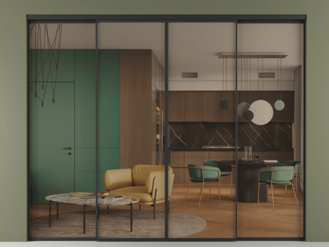 Перегородка Formato внутри проёма четырёхстворчатая АЛПР 040.01 Алюминий Черный Прозрачное бронзовое стекло, триплекс, 6 мм Цена 373560 ₽  | Volhovec