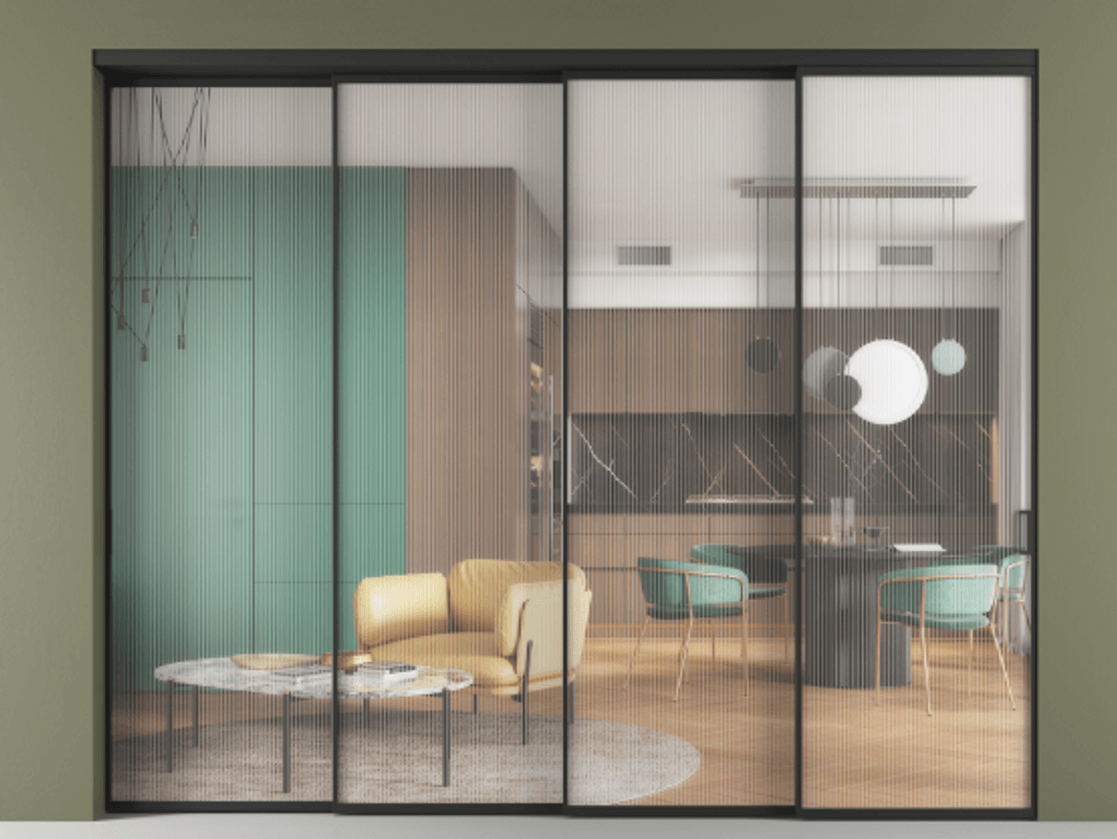 Перегородка Формато внутри проёма 4 створки с синхронным механизмом АЛПР 040.01 Алюминий Черный Рифлёное стекло "Мору", триплекс. Скрытый короб ЧЕР Цена 496170 ₽ 1. Полотно 4 шт. (800/2100 мм)
2. Комплект установки раздвижной системы
3. Базовый комплект фурнитуры
4. Комплект фурнитуры телескопик синхро-3
5. Ручка Рондо. Фабрика дверей Волховец 8 (800) 551 43 19 Перегородка Формато внутри проёма 4 створки с синхронным механизмом АЛПР 040.01 Алюминий Черный Рифлёное стекло "Мору", триплекс Цена 496170 ₽ | Volhovec