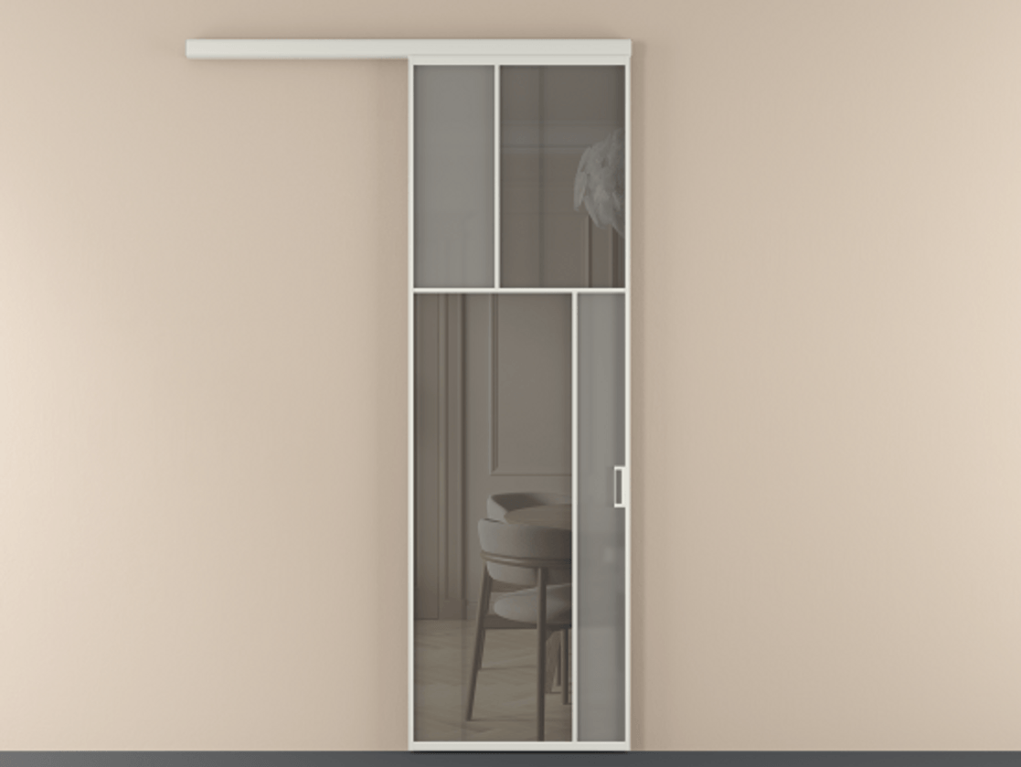 Перегородка Mosaic вдоль стены 1 створка АЛПР 041.23 Алюминий Белый Сатинированное серое стекло, триплекс, 6 мм + Прозрачное серое стекло, триплекс Цена 144530 ₽ | Volhovec