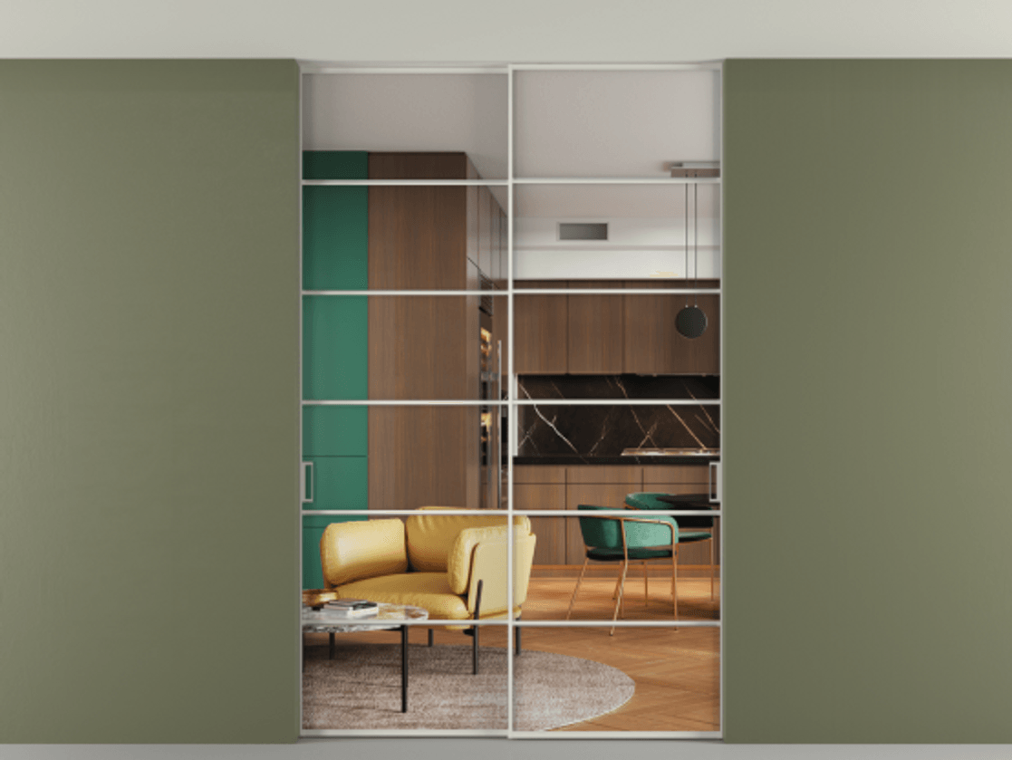 Перегородка Formato внутри проёма скрытое крепление в потолок 2 створки АЛПР 040.04 Алюминий Белый Прозрачное стекло "Crystal Vision", калёное Цена 345270 ₽ | Volhovec