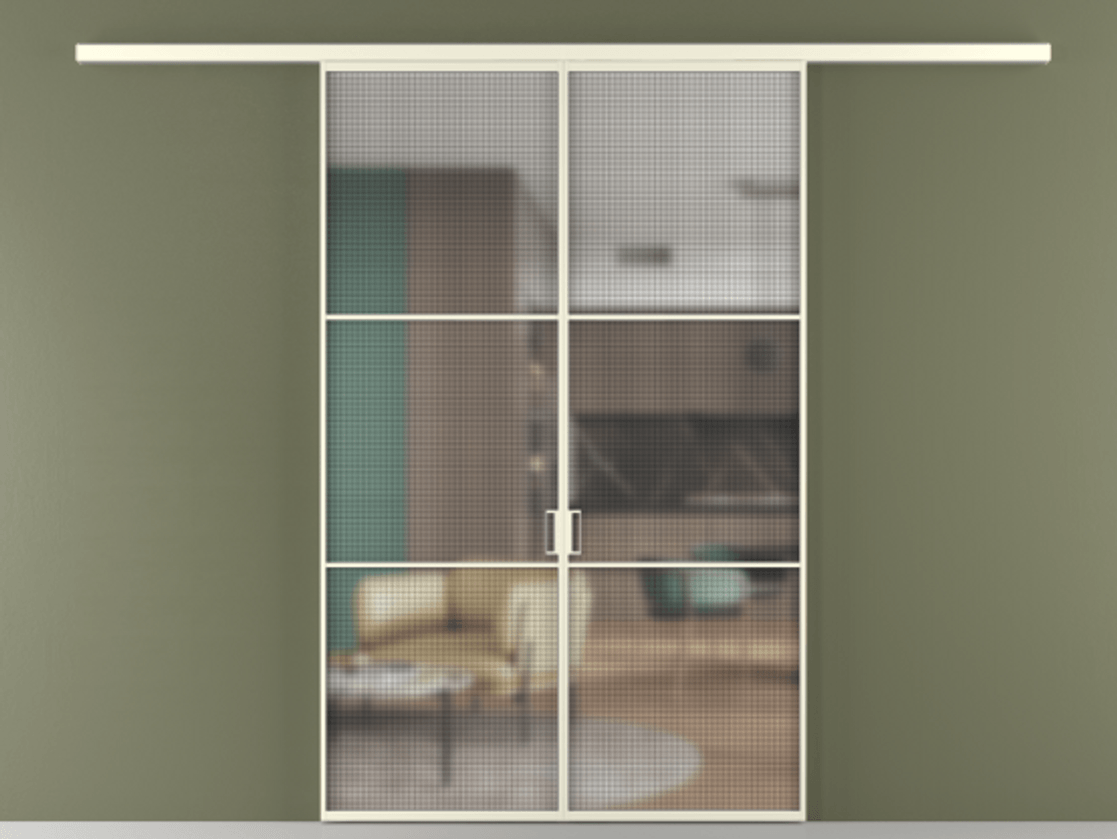 Перегородка Formato вдоль стены 2 створки АЛПР 040.03 Алюминий молочно-белый Декоративное стекло с сеткой "Mesh silver", триплекс Цена 273900 ₽ | Volhovec