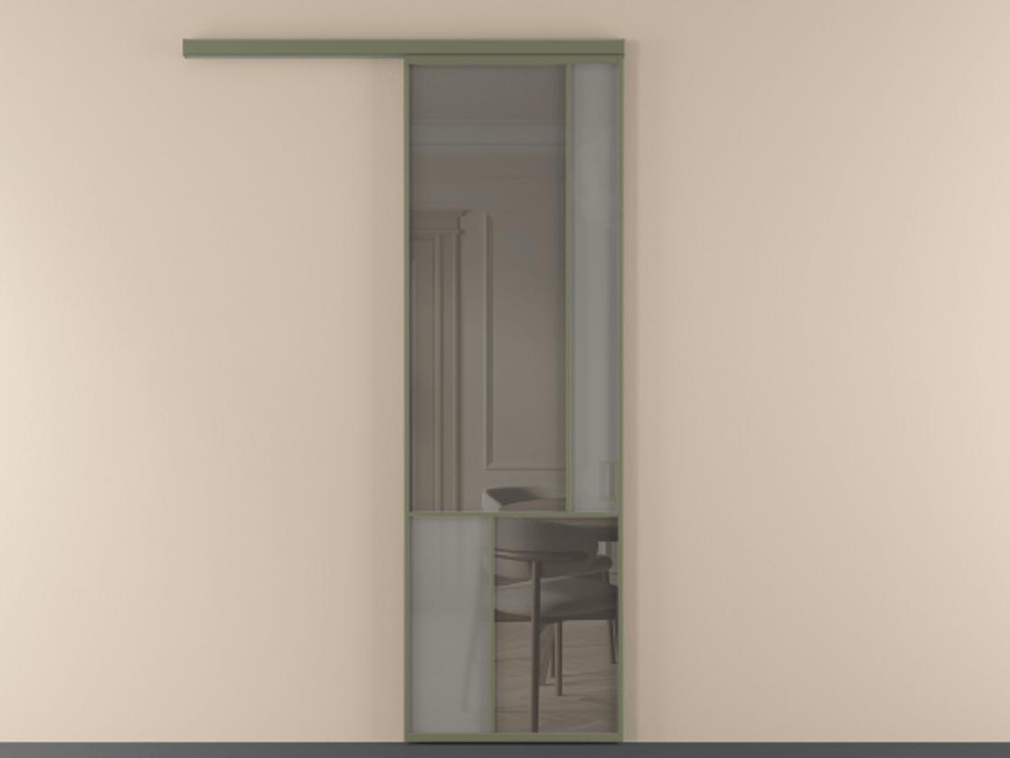 Перегородка Mosaic вдоль стены 1 створка АЛПР 041.21 Алюминий оливковый тёмный Сатинированное серое стекло, триплекс, 6 мм + Прозрачное серое стекло, триплекс Цена 150730 ₽ | Volhovec