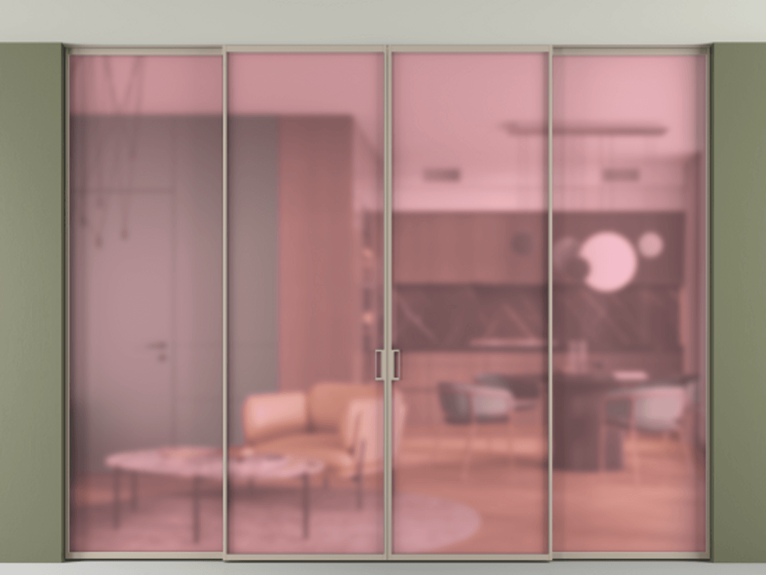 Перегородка Formato внутри проёма скрытое крепление в потолок 4 створки АЛПР 040.01 Алюминий бисквитный Сатинированное розовое стекло, триплекс Цена 481850 ₽ | Volhovec