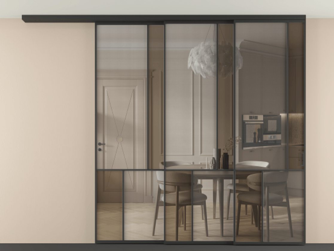 Перегородка Mosaic вдоль стены на потолок 3 створки с синхронным механизмом АЛПР 041.21 Алюминий Черный Декоративное стекло с сеткой "Mesh silver", триплекс, 6 мм + Прозрачное бронзовое стекло, триплекс Цена 541950 ₽ | Volhovec