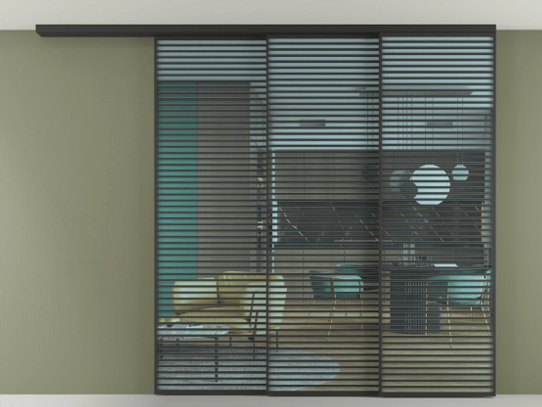 Перегородка Formato вдоль стены на потолок 3 створки с синхронным механизмом АЛПР 040.07 Алюминий Черный Прозрачное голубое стекло, триплекс Цена 686040 ₽ | Volhovec