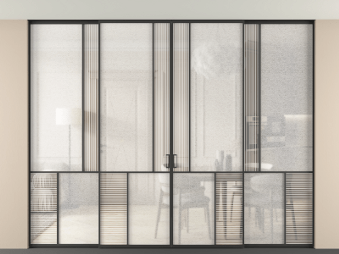 Перегородка Mosaic внутри проёма скрытое крепление в потолок 4 створки АЛПР 041.20 Алюминий Черный Рифлёное стекло "Дюна", триплекс, 6 мм + Фактурное стекло "Лёд", триплекс. Скрытый короб ЧЕР Цена 666750 ₽ . Фабрика дверей Волховец 8 (800) 551 43 19 Перегородка Mosaic внутри проёма скрытое крепление в потолок 4 створки АЛПР 041.20 Алюминий Черный Рифлёное стекло "Дюна", триплекс, 6 мм + Фактурное стекло "Лёд", триплекс Цена 666750 ₽ | Volhovec