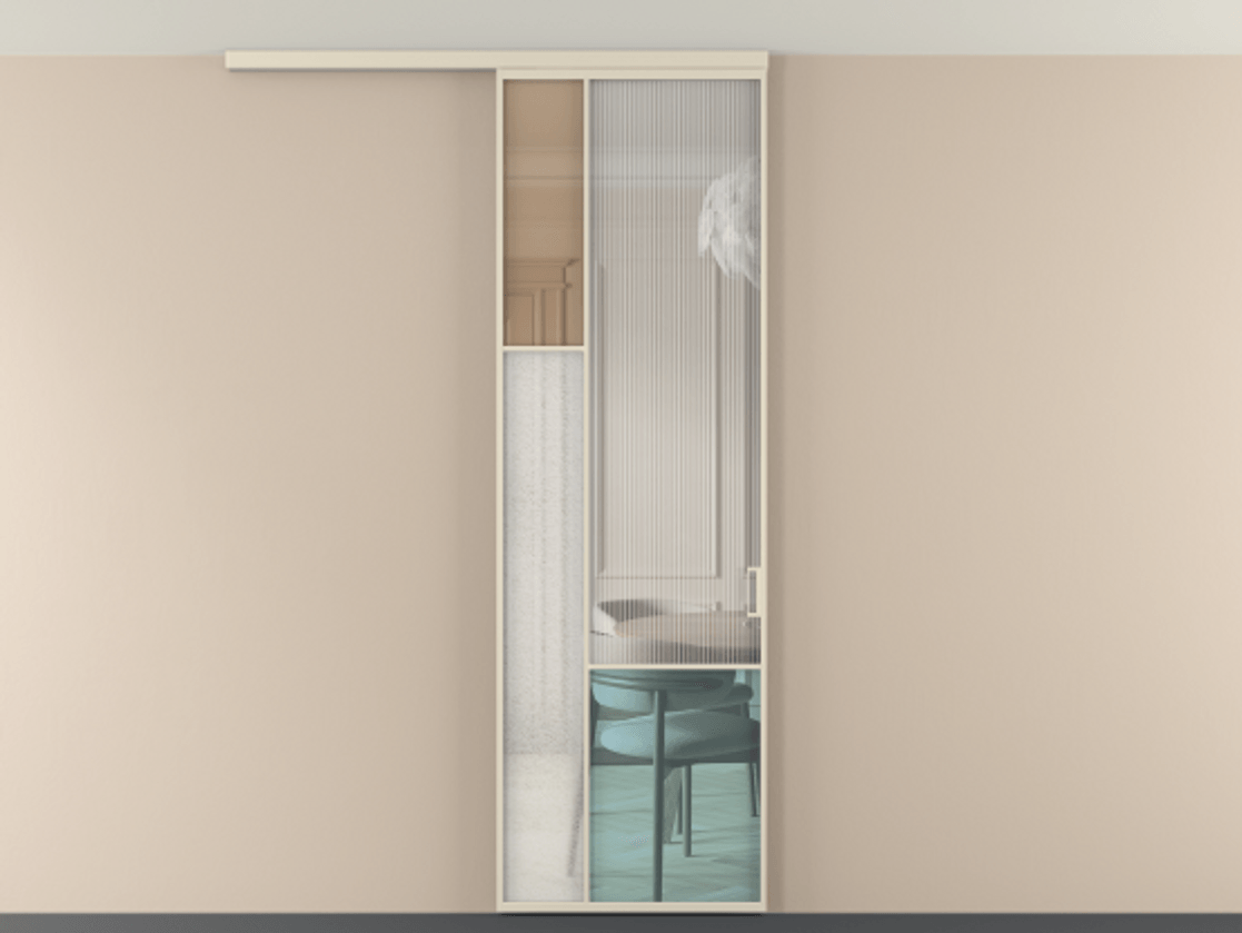 Перегородка Mosaic вдоль стены на потолок 1 створка АЛПР 041.13 Алюминий бежево-серый Комбинация стекол Группы 1 и Группы 3 Цена 155140 ₽ | Volhovec