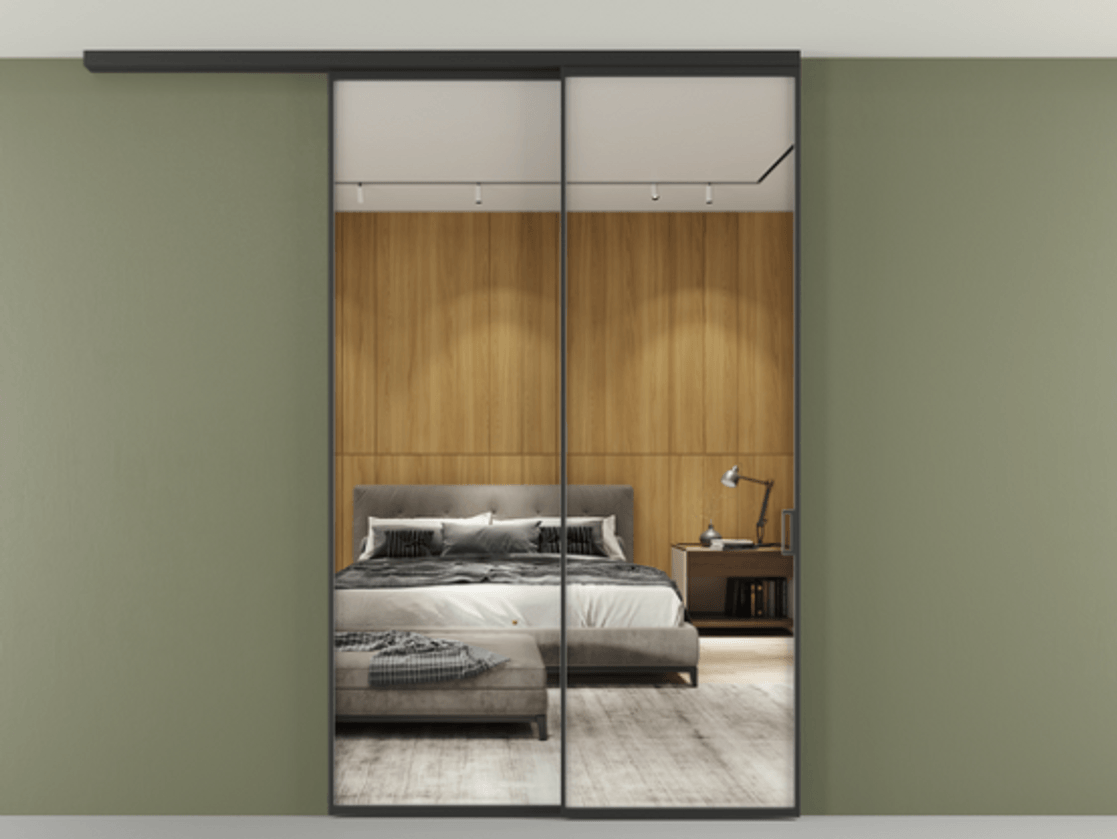 Перегородка Formato вдоль стены на потолок 2 створки с синхронным механизмом АЛПР 040.01 Алюминий Черный Двустороннее зеркало, триплекс , триплекс 6 мм Цена 281040 ₽ | Volhovec