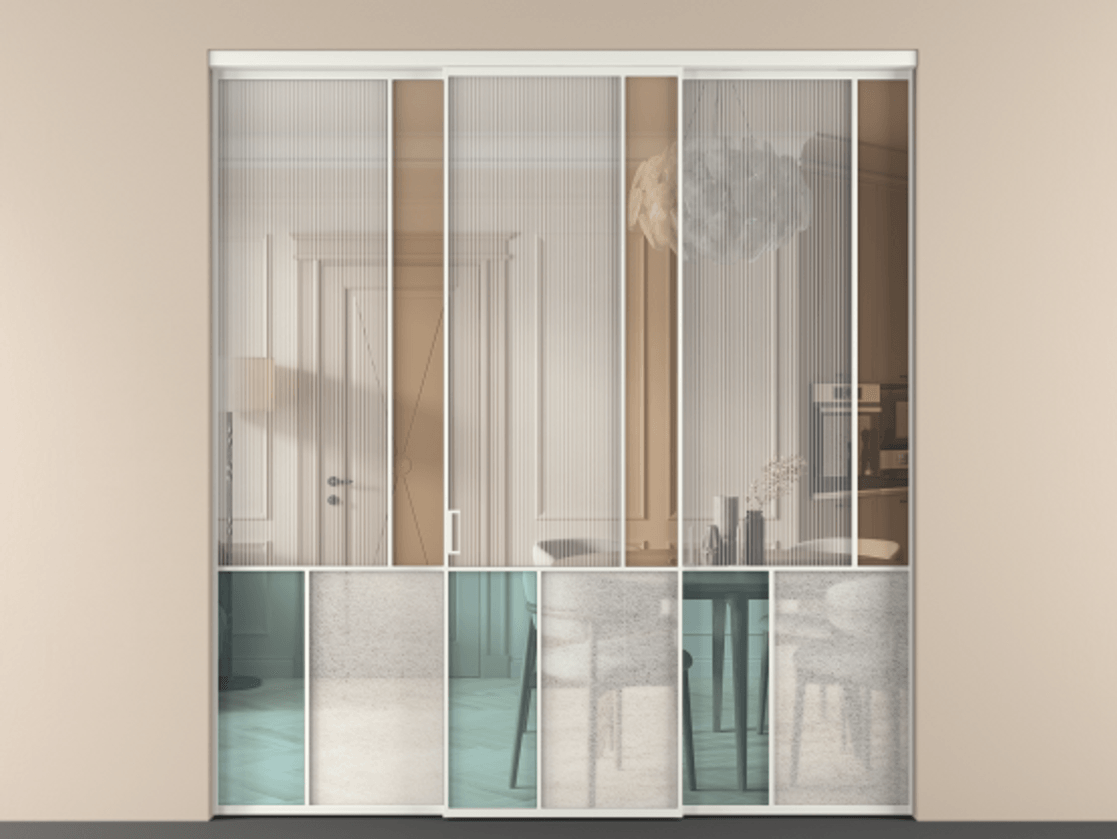 Перегородка Mosaic внутри проёма 3 створки АЛПР 041.21 Алюминий светло-серый Комбинация стекол Группы 1 и Группы 3 Цена 395330 ₽ | Volhovec