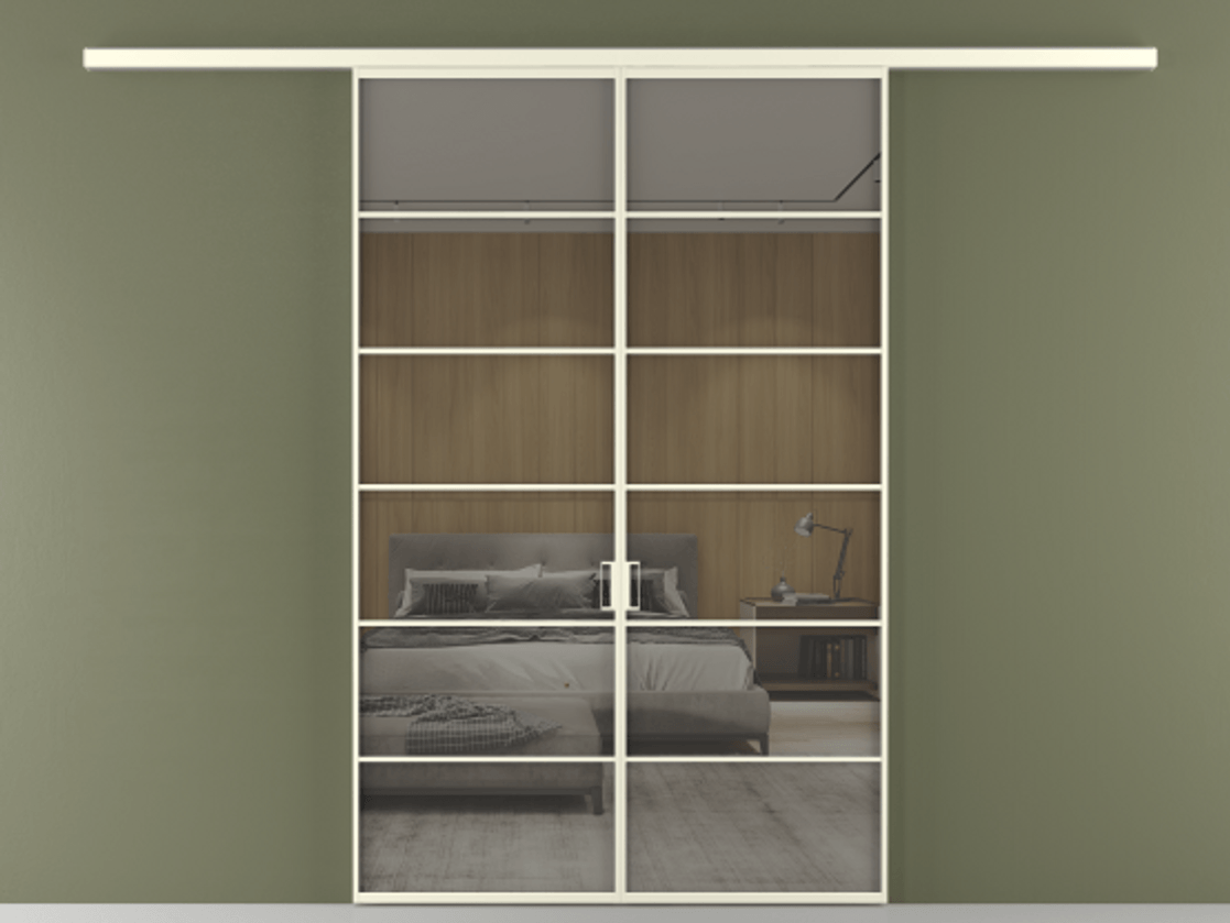 Перегородка Formato вдоль стены 2 створки АЛПР 040.04 Алюминий молочно-белый Рефлективное серое стекло "Stopsol", калёное Цена 291060 ₽ | Volhovec