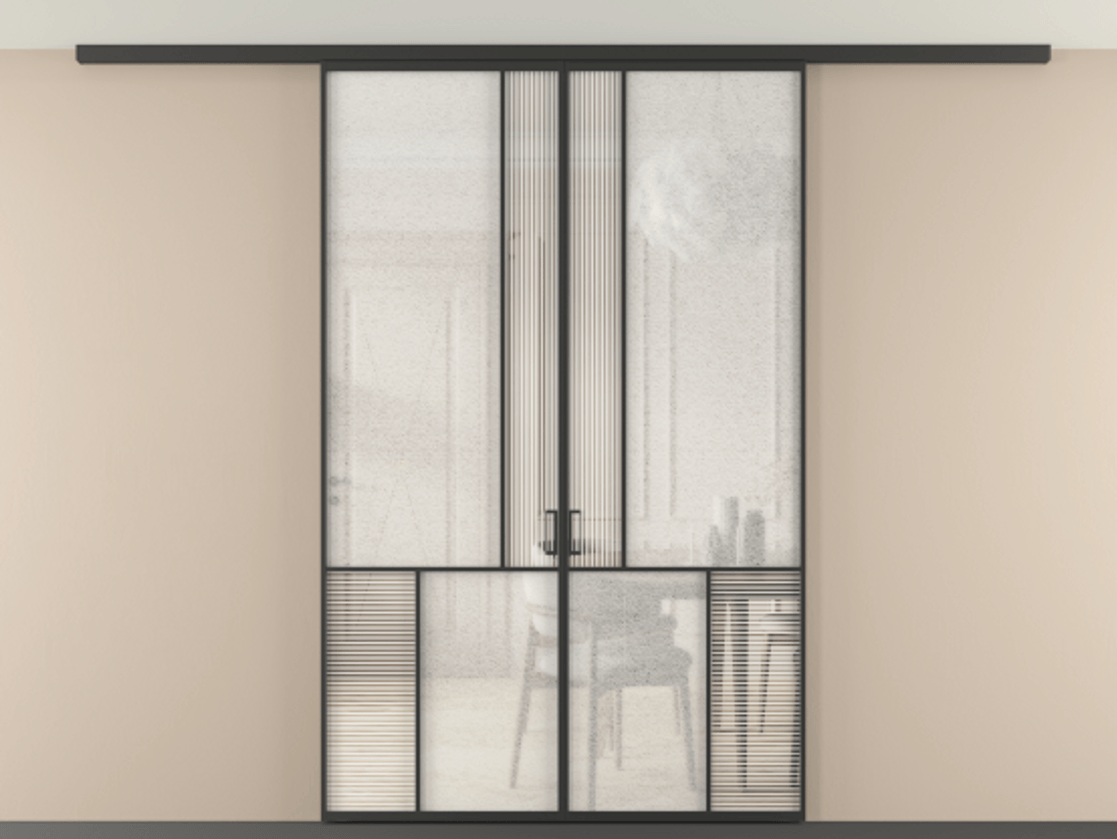 Перегородка Mosaic вдоль стены на потолок 2 створки АЛПР 041.20 Алюминий Черный Рифлёное стекло "Дюна", триплекс, 6 мм + Фактурное стекло "Лёд", триплекс Цена 295150 ₽ | Volhovec