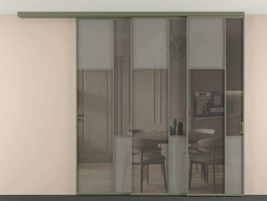 Перегородка Mosaic вдоль стены на потолок 3 створки с синхронным механизмом АЛПР 041.10 Алюминий оливковый тёмный Сатинированное серое стекло, триплекс, 6 мм + Прозрачное серое стекло, триплекс Цена 548370 ₽ | Volhovec