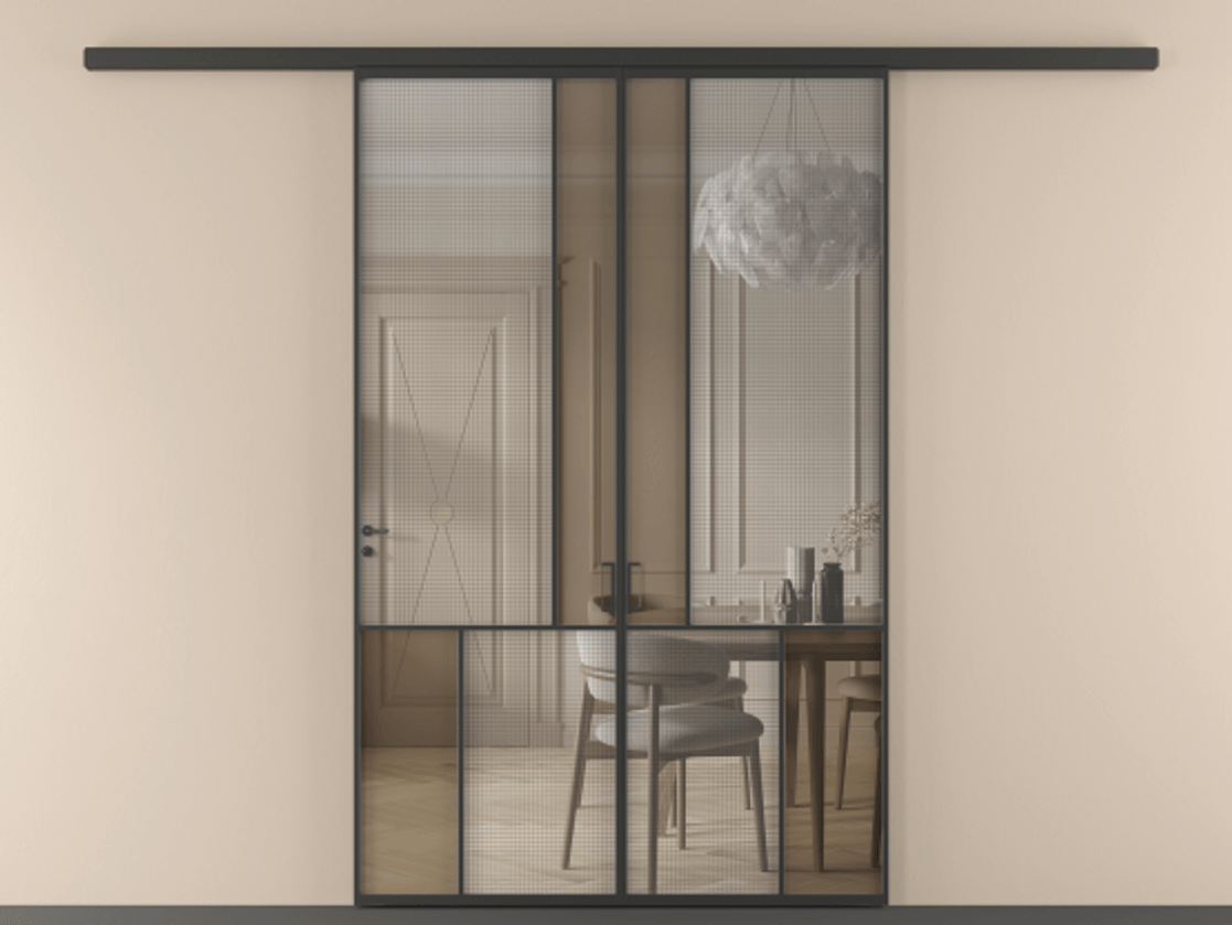 Перегородка Mosaic вдоль стены двустворчатая АЛПР 041.20 Алюминий Черный Декоративное стекло с сеткой "Mesh silver", триплекс, 6 мм + Прозрачное бронзовое стекло, триплекс, 6 мм Цена 276720 ₽ | Volhovec