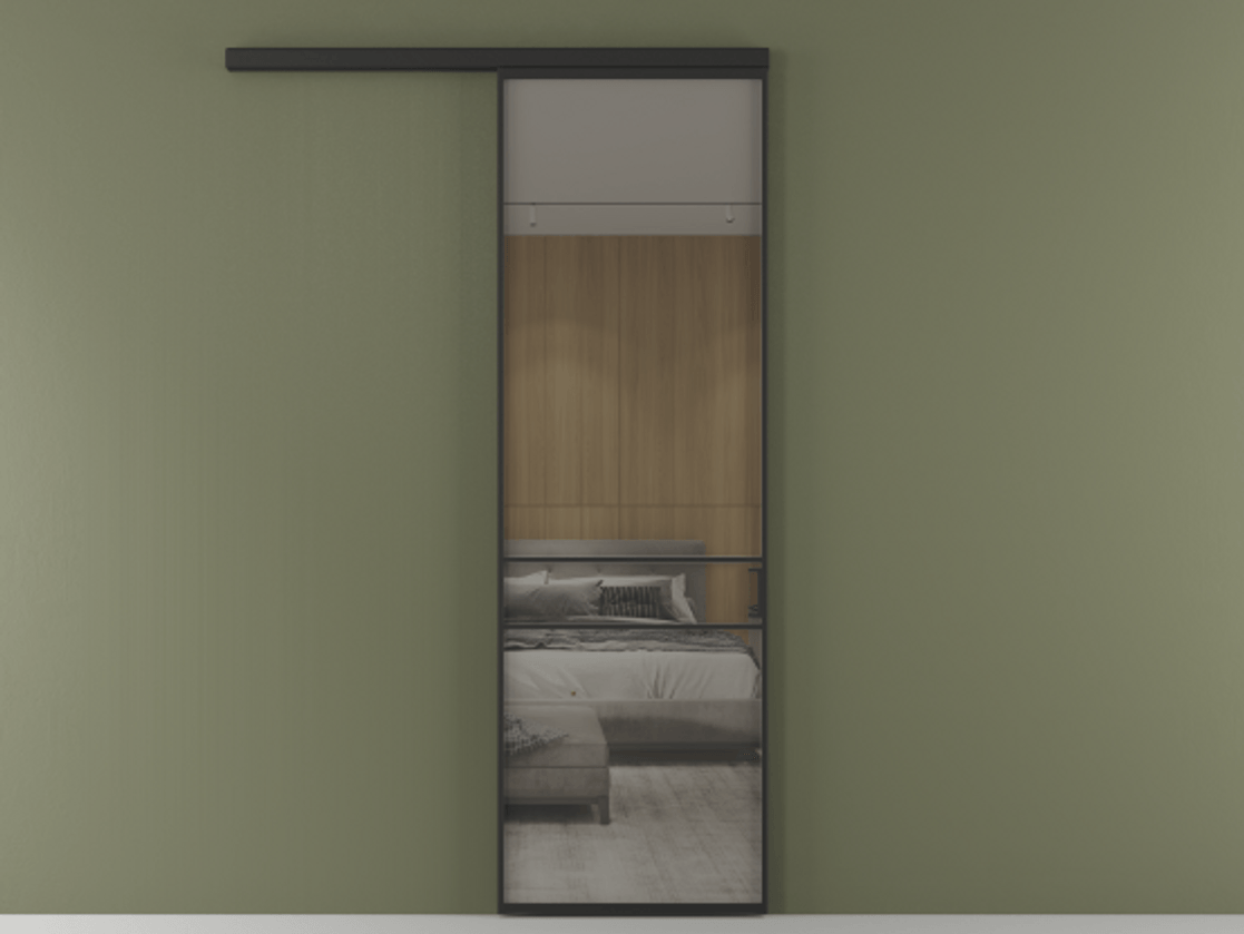 Перегородка Формато вдоль стены 1 створка АЛПР 040.02 Алюминий Черный Рефлективное серое стекло "Стопсол", калёное Цена 119130 ₽  | Volhovec