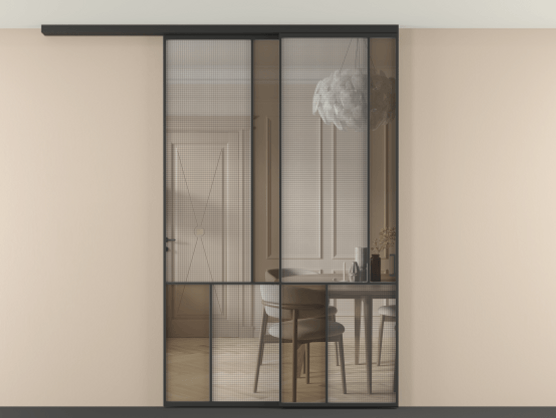 Перегородка Mosaic вдоль стены на потолок 2 створки с синхронным механизмом АЛПР 041.21 Алюминий Черный Декоративное стекло с сеткой "Mesh silver", триплекс, 6 мм + Прозрачное бронзовое стекло, триплекс Цена 375670 ₽ | Volhovec