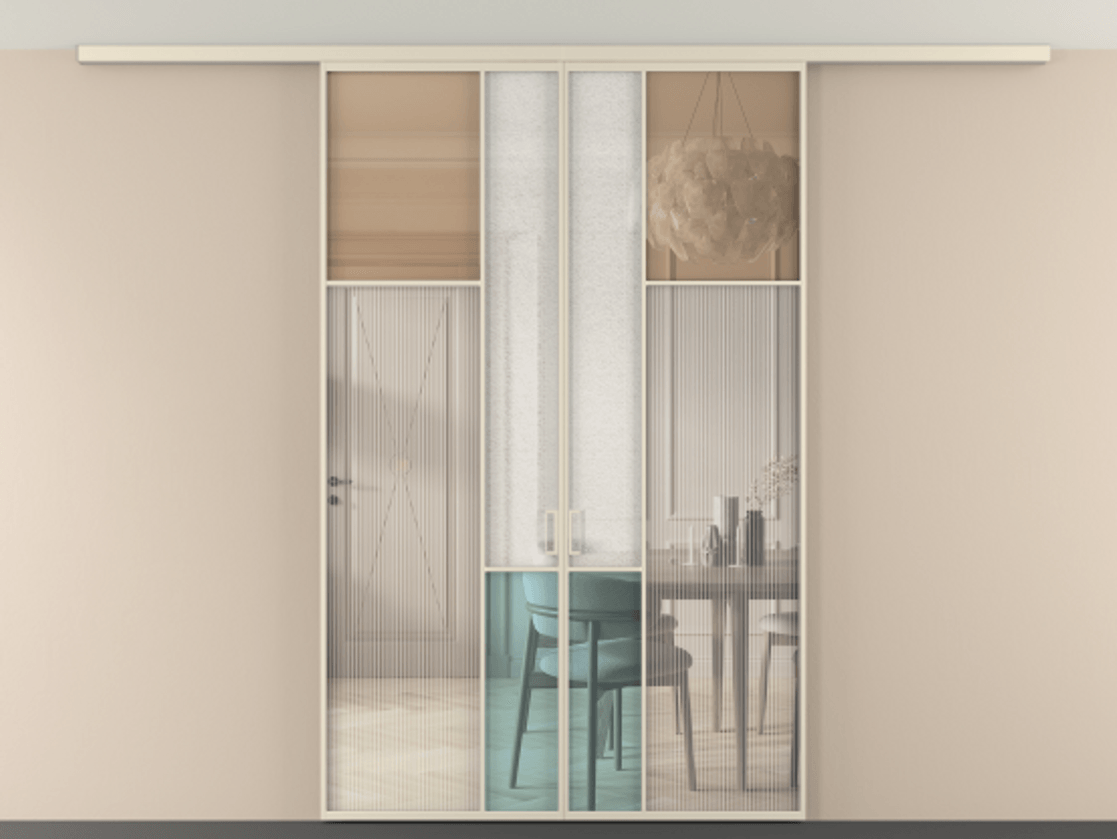 Перегородка Mosaic вдоль стены на потолок 2 створки АЛПР 041.11 Алюминий бежево-серый Комбинация стекол Группы 1 и Группы 3 Цена 302480 ₽ | Volhovec