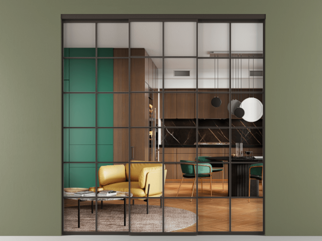 Перегородка Формато внутри проёма 3 створки АЛПР 040.05 Алюминий антрацит Прозрачное стекло "Кристал Вижн", калёное Цена 315110 ₽ | Volhovec