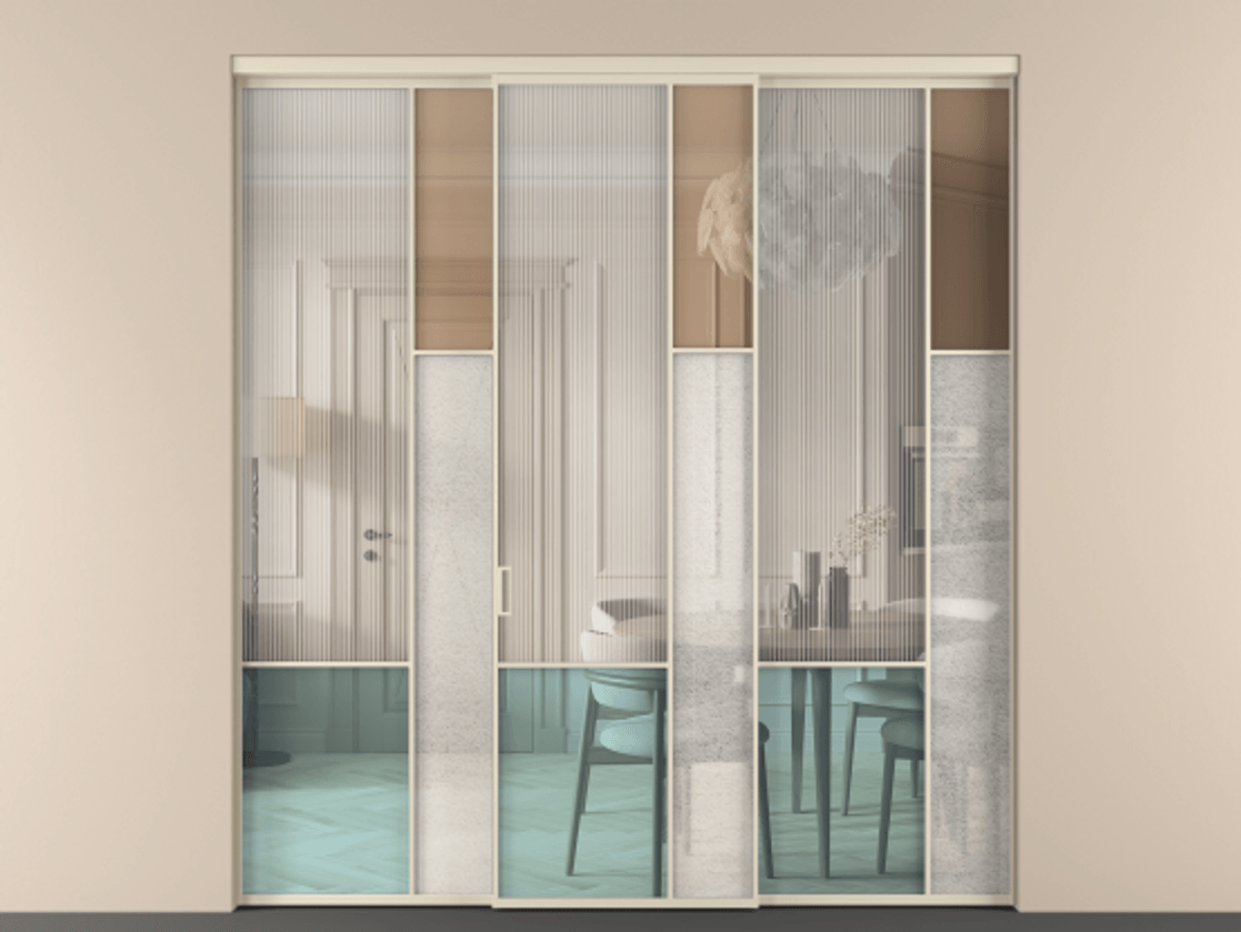 Перегородка Mosaic внутри проёма 3 створки АЛПР 041.12 Алюминий бежево-серый Комбинация стекол Группы 1 и Группы 3 Цена 395330 ₽ | Volhovec