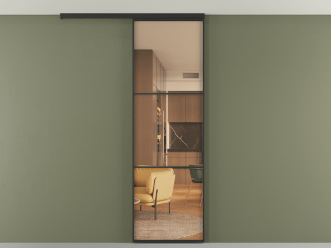 Перегородка Формато вдоль стены на потолок 1 створка АЛПР 040.03 Алюминий Черный Прозрачное оранжевое стекло, триплекс Цена 106830 ₽ | Volhovec