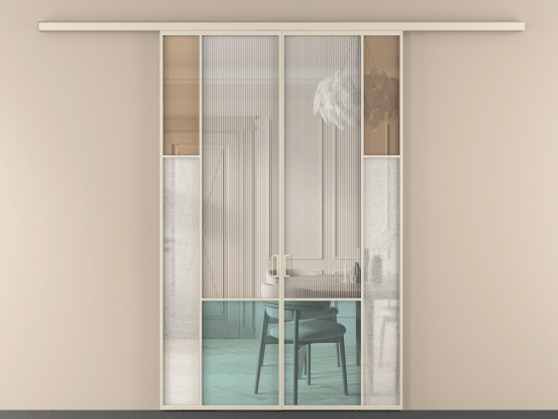 Перегородка Mosaic вдоль стены 2 створки АЛПР 041.12 Алюминий бежево-серый Комбинация стекол Группы 1 и Группы 3 Цена 304550 ₽ | Volhovec