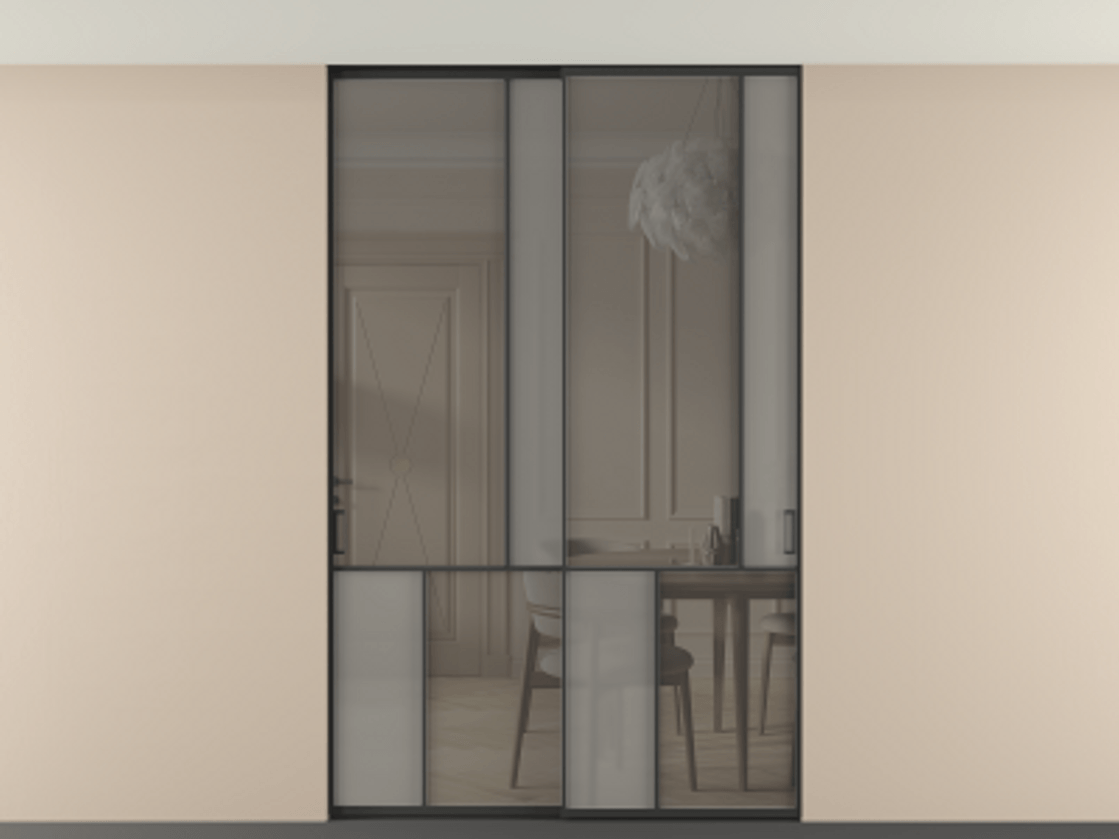 Перегородка Мозаик внутри проёма скрытое крепление в потолок 2 створки АЛПР 041.21 Алюминий Черный Сатинированное серое стекло, триплекс, 6 мм + Прозрачное серое стекло, триплекс. Скрытый короб ЧЕР Цена 346520 ₽ . Фабрика дверей Волховец 8 (800) 551 43 19 Перегородка Мозаик внутри проёма скрытое крепление в потолок 2 створки АЛПР 041.21 Алюминий Черный Сатинированное серое стекло, триплекс, 6 мм + Прозрачное серое стекло, триплекс Цена 346520 ₽ | Volhovec