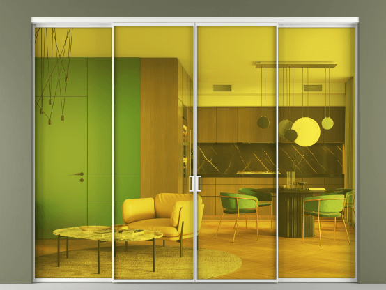 Алюминевая перегородка АЛПР 040.01_АБЛ_ПРОЗ ЖЕЛ_new. Цвет Алюминий белоснежный. Материал Алюминий в эмали. Коллекция Перегородка Формато внутри проёма 4 створки. Картинка.