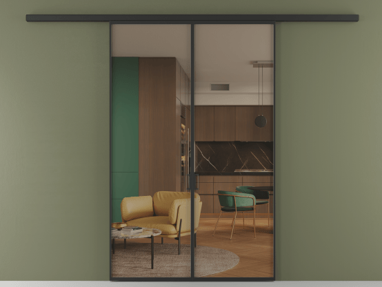 Алюминевая перегородка vd2_01 Бронза триплекс ЧЕР. Цвет Алюминий Черный. Материал Алюминий. Коллекция Перегородка Formato вдоль стены 2 створки. Картинка.