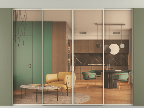 Алюминевая перегородка vn2+2_01 Алюминий бежево-серый Прозрачное оранжевое стекло, триплекс, 6мм. Цвет Алюминий бежево-серый. Материал Алюминий в эмали. Коллекция Перегородка Formato внутри проёма скрытое крепление в потолок 4 створки. Картинка.