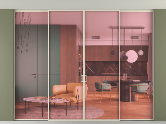 Алюминевая перегородка vn2+2_01 Алюминий бежево-серый Прозрачное розовое стекло, триплекс, 6мм. Цвет Алюминий бежево-серый. Материал Алюминий в эмали. Коллекция Перегородка Formato внутри проёма скрытое крепление в потолок 4 створки. Картинка.