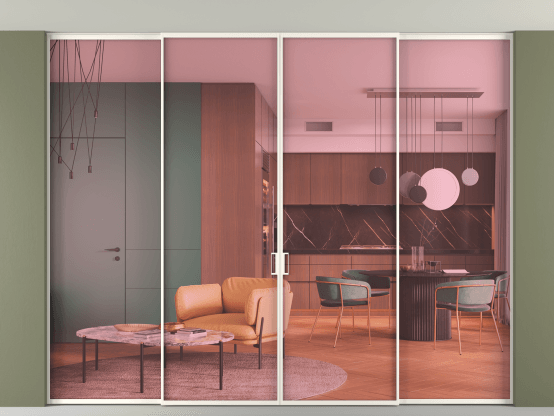 Алюминевая перегородка vn2+2_01 Алюминий пудровый белый Прозрачное розовое стекло, триплекс, 6мм. Цвет Алюминий пудровый белый. Материал Алюминий в эмали. Коллекция Перегородка Formato внутри проёма скрытое крепление в потолок 4 створки. Картинка.