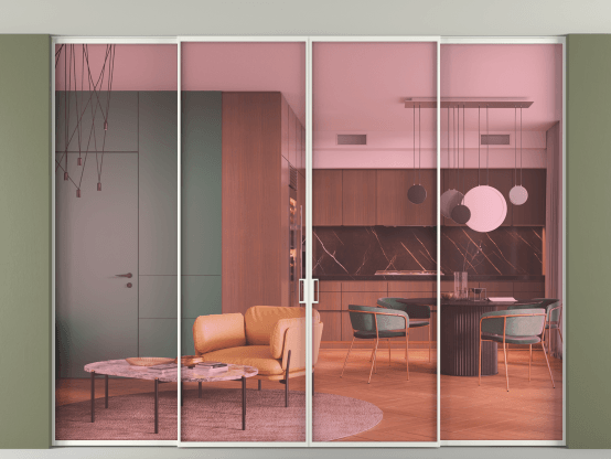 Алюминевая перегородка vn2+2_01 Алюминий светло-серый Прозрачное розовое стекло, триплекс, 6мм. Цвет Алюминий светло-серый. Материал Алюминий в эмали. Коллекция Перегородка Formato внутри проёма скрытое крепление в потолок 4 створки. Картинка.